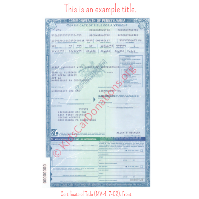 This is an Example of Pennsylvania Certificate of Title (MV-4, 7-02) Front View | Kids Car Donations